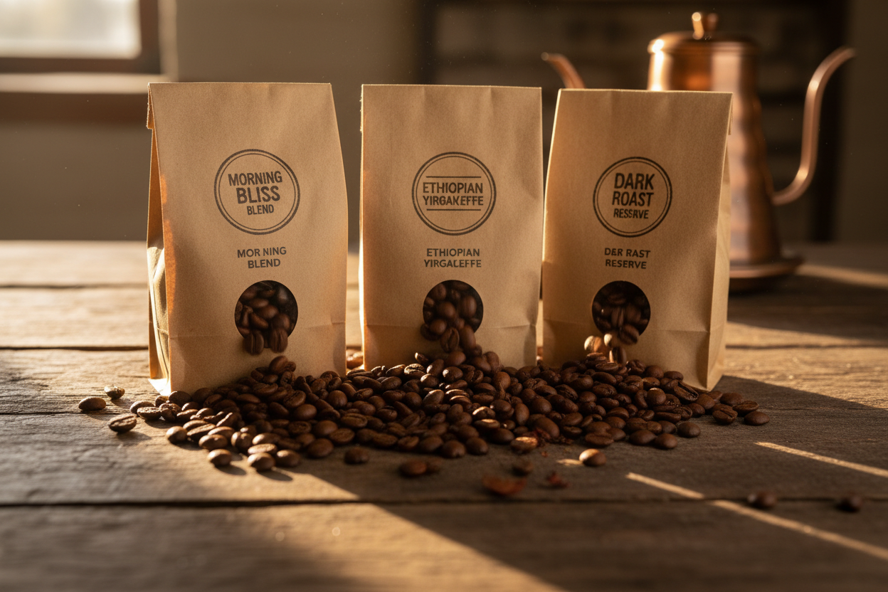 Close-up of roasted coffee beans from three specialty origins