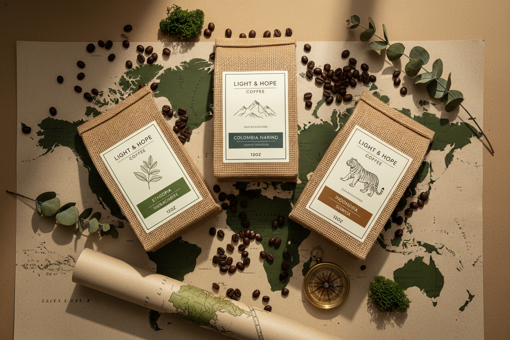 World Coffee Tour Bundle flat lay with coffee beans and world map