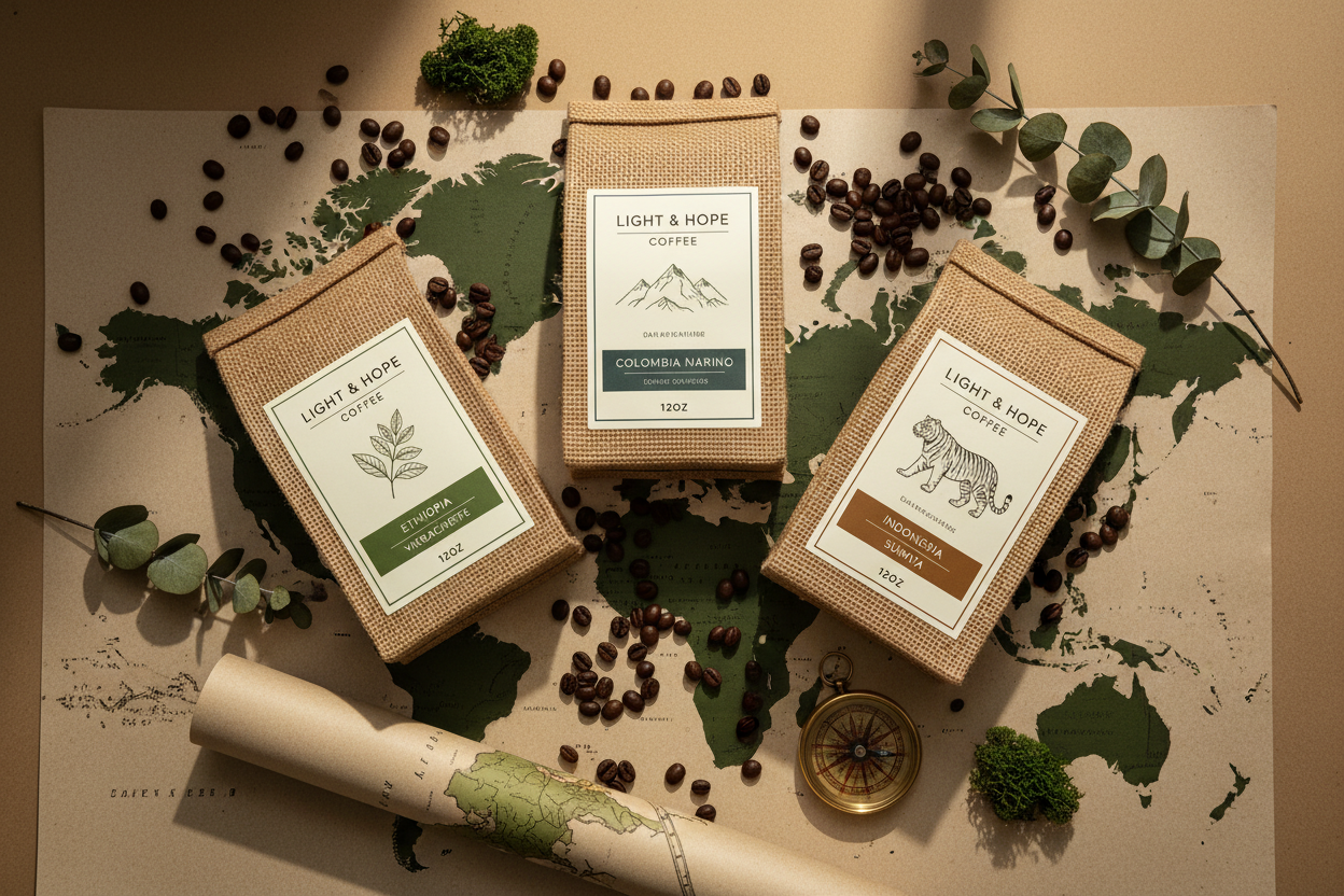 World Coffee Tour Bundle flat lay with coffee beans and world map