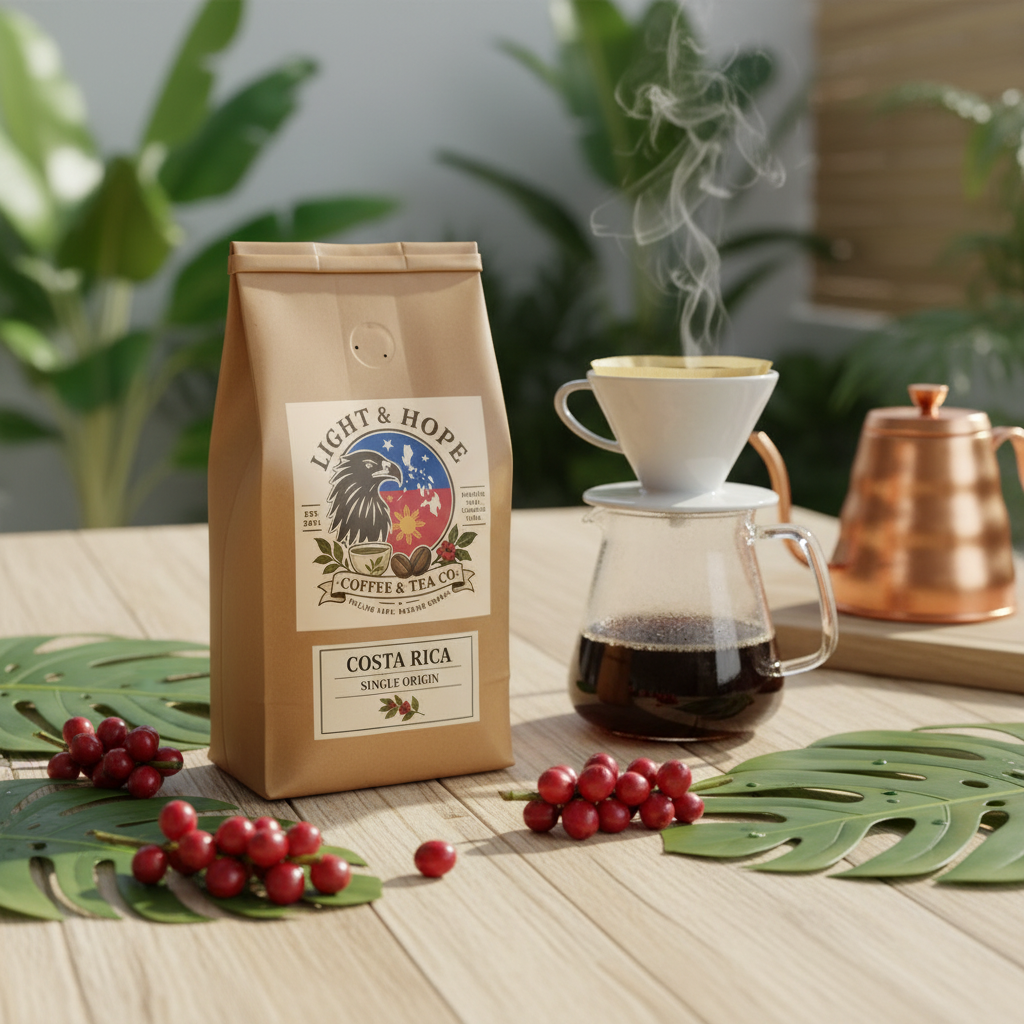 Light & Hope Coffee & Tea Co. Costa Rica single origin medium roast coffee bag with fresh red coffee cherries, tropical leaves and pour-over dripper