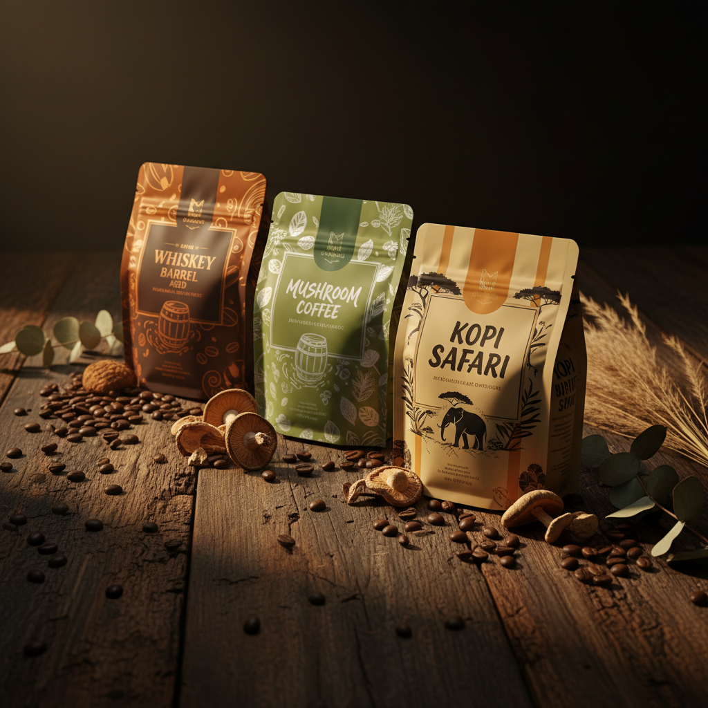 Three premium specialty coffee pouches: Whiskey Barrel Aged, Mushroom Coffee, and Kopi Safari