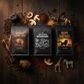 Bold & Unique Coffee Bundle flat lay with Whiskey Barrel Aged, Mushroom Coffee, and Kopi Safari