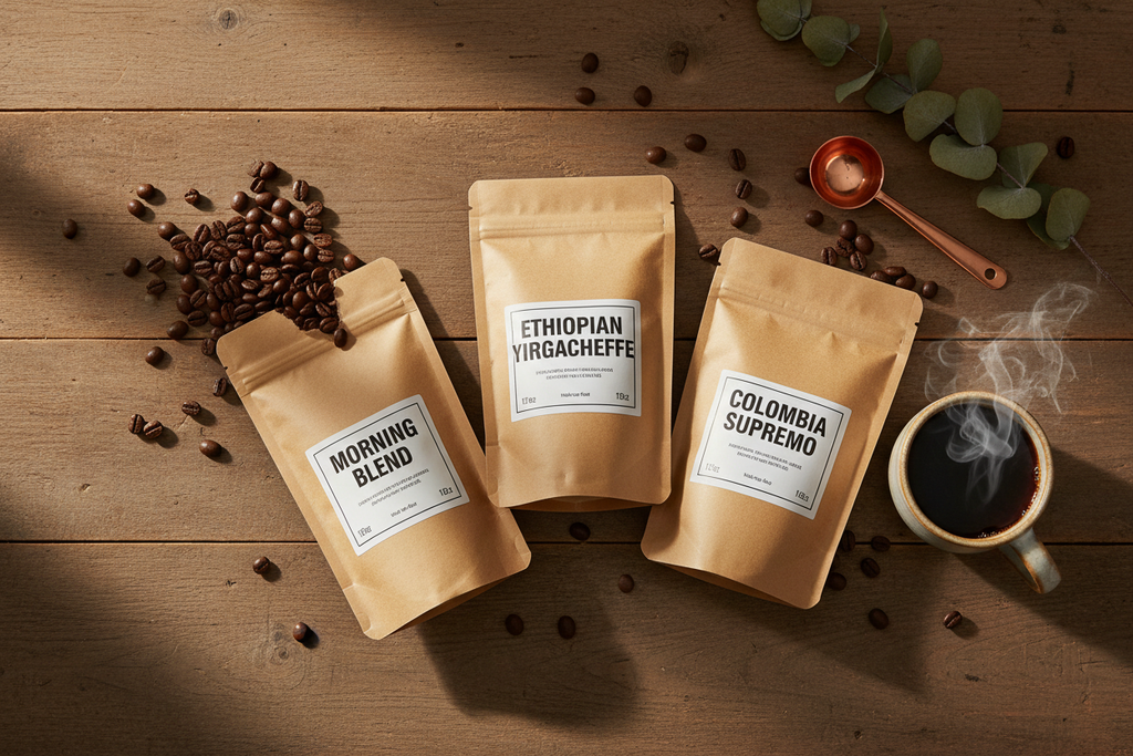 Morning Ritual Coffee Bundle flat lay with beans and steaming mug