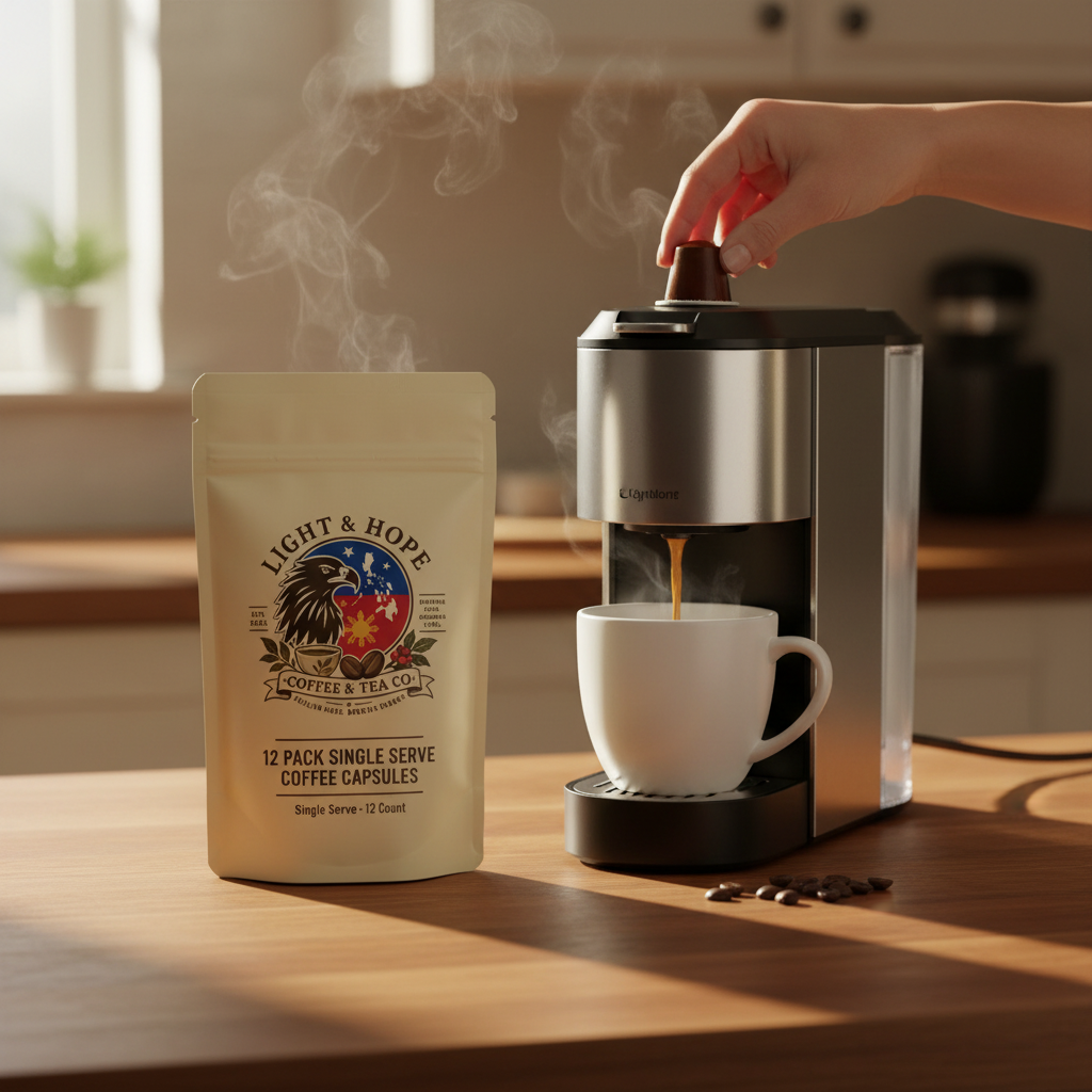 Light & Hope Coffee & Tea Co. | 12 Pack Single Serve Coffee Capsules | Hand Loading Capsule into Single Serve Brewer
