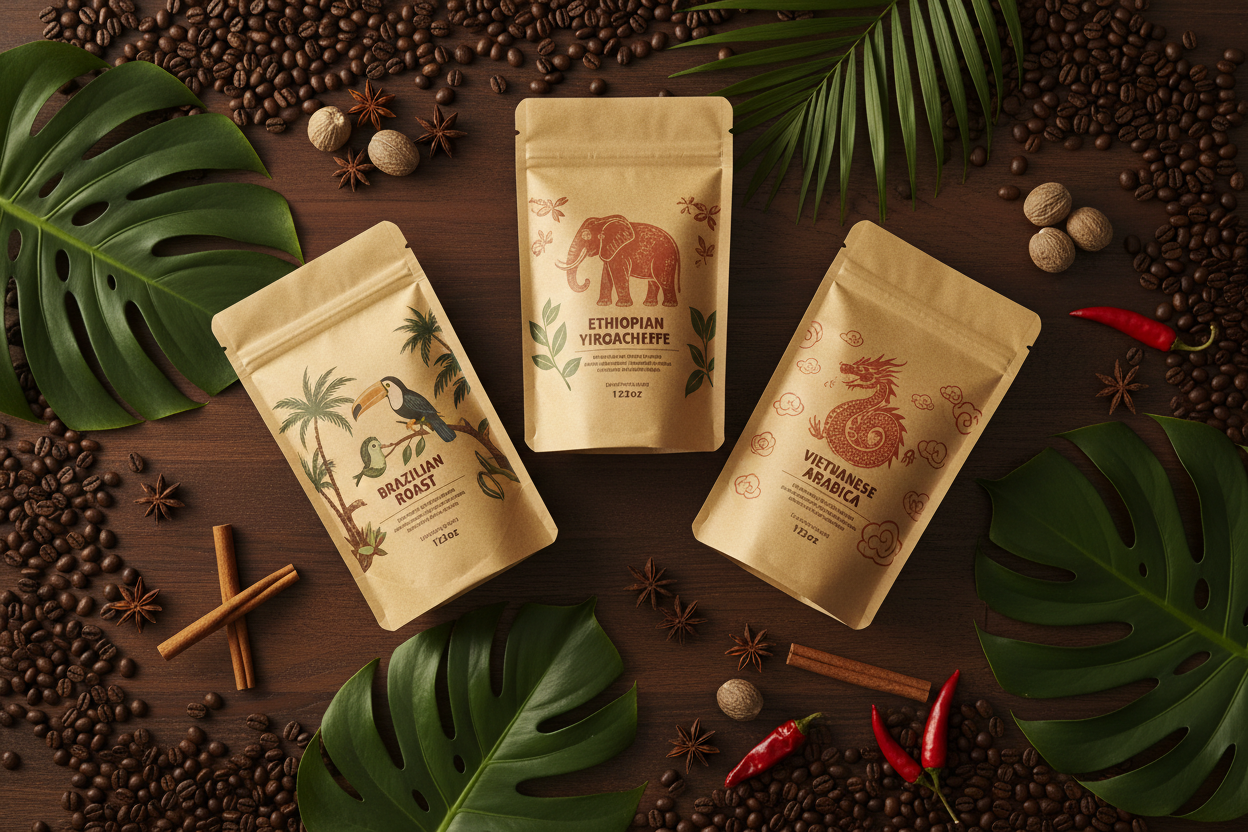World Coffee Journey Bundle flat lay with tropical leaves and coffee beans
