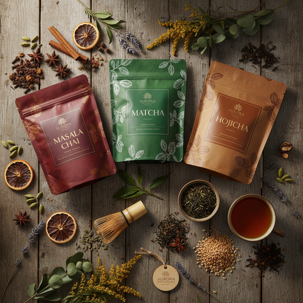 Three premium tea pouches: Masala Chai, Matcha, and Hojicha