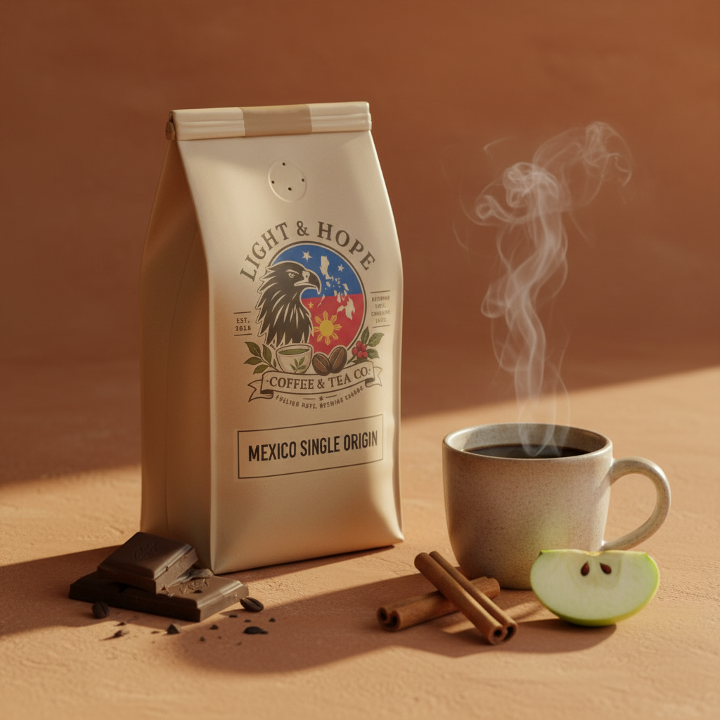 Light & Hope Coffee & Tea Co. Mexico single origin medium roast coffee bag with dark chocolate pieces, cinnamon sticks, green apple slice and steaming ceramic mug