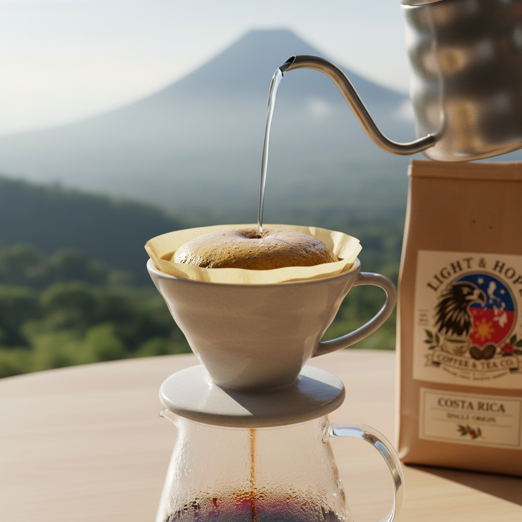 Light & Hope Coffee & Tea Co. Costa Rica single origin coffee brewed in a pour-over dripper, close-up of golden coffee bloom, bright airy light