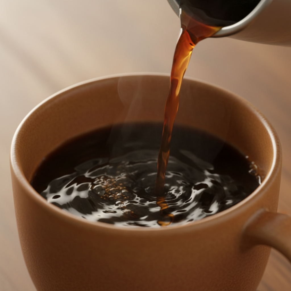 Light & Hope Coffee & Tea Co. Honduras single origin coffee being poured into a warm brown ceramic mug, rich dark coffee stream with caramel tones