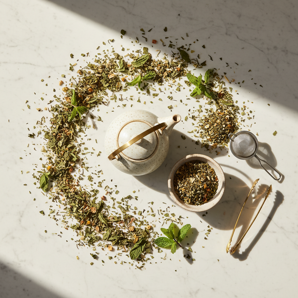 Moroccan Mint tea flat lay with loose mint leaves and ceramic teapot