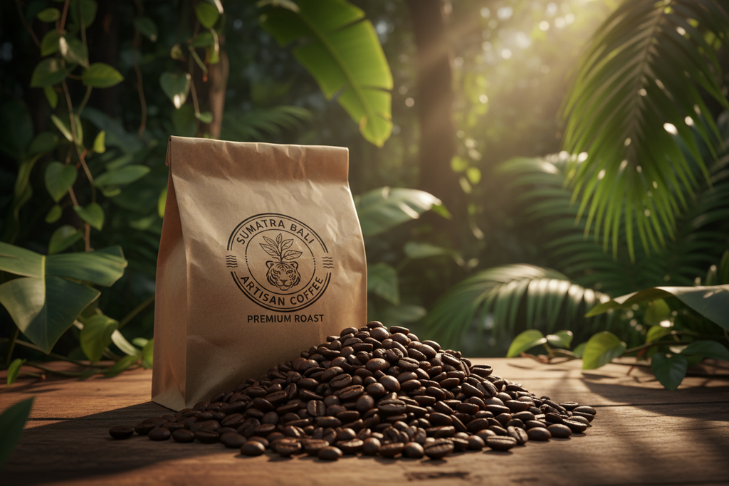 Dark roasted coffee beans with tropical jungle background