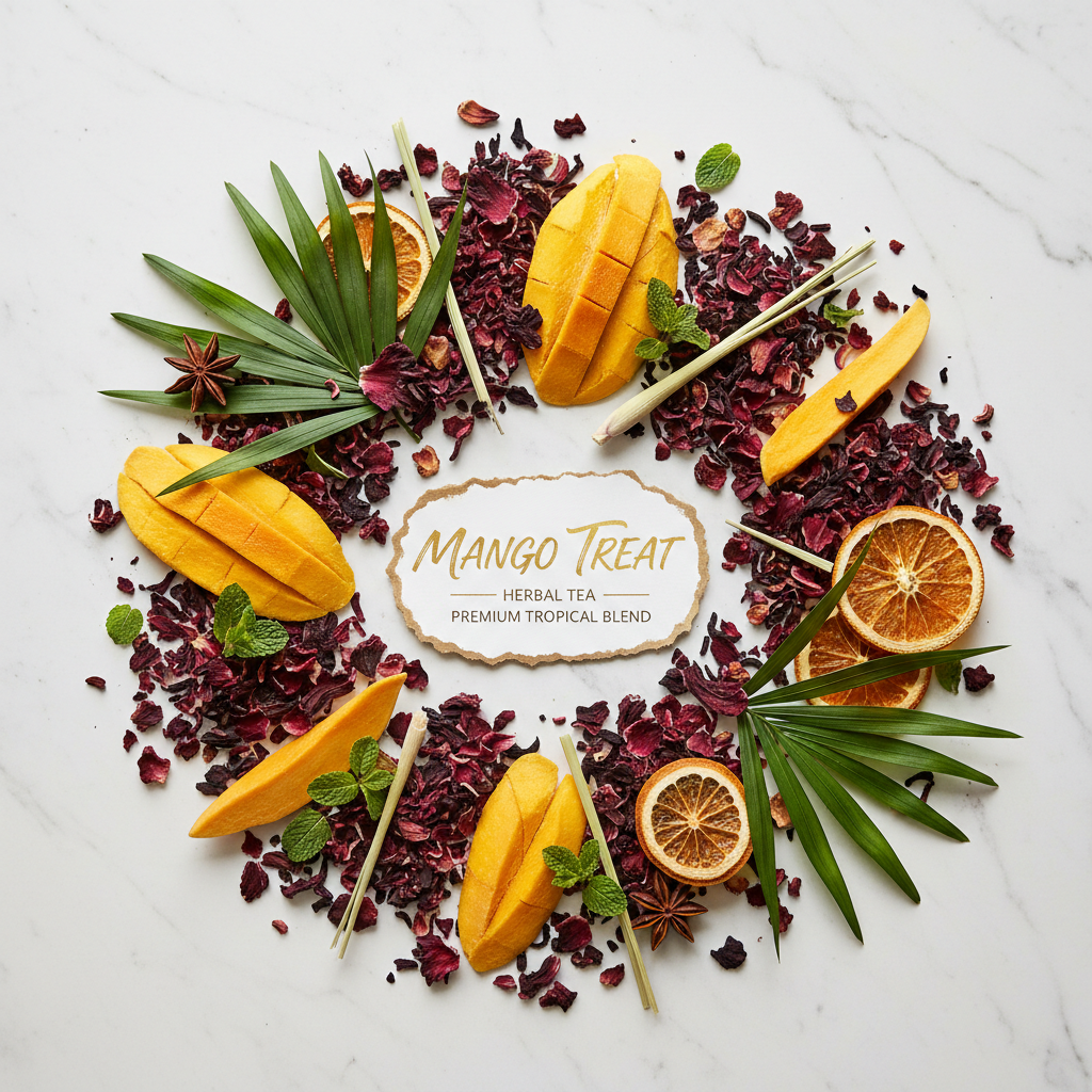 Mango Treat tea flat lay with dried mango, hibiscus flowers and tropical herbs