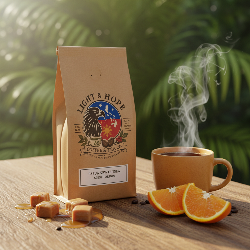 Light & Hope Coffee & Tea Co. Papua New Guinea single origin medium roast coffee bag with caramel pieces, honey drizzle, fresh orange slices and steaming ceramic mug