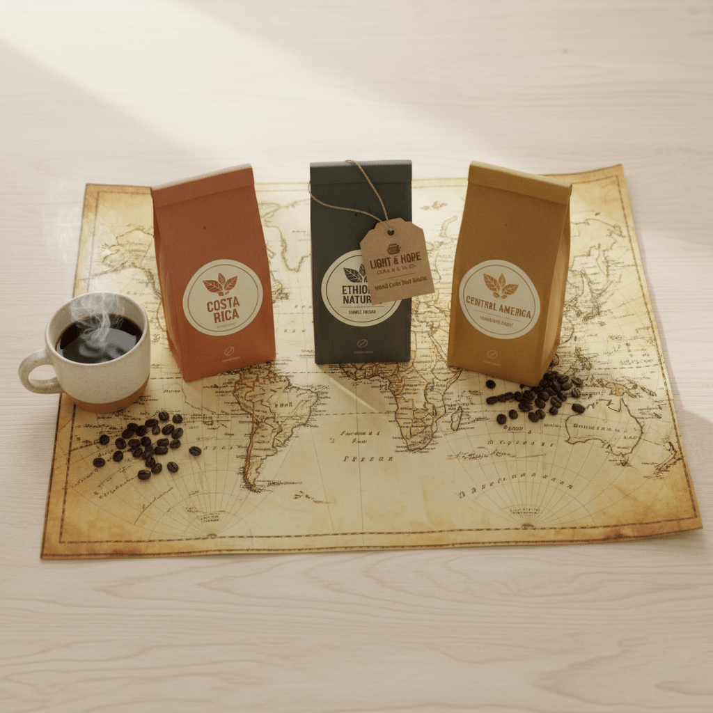 World Coffee Tour Bundle – 3 Single-Origin Coffees, 12 oz Each - Bundles | Light & Hope Coffee & Tea Co.