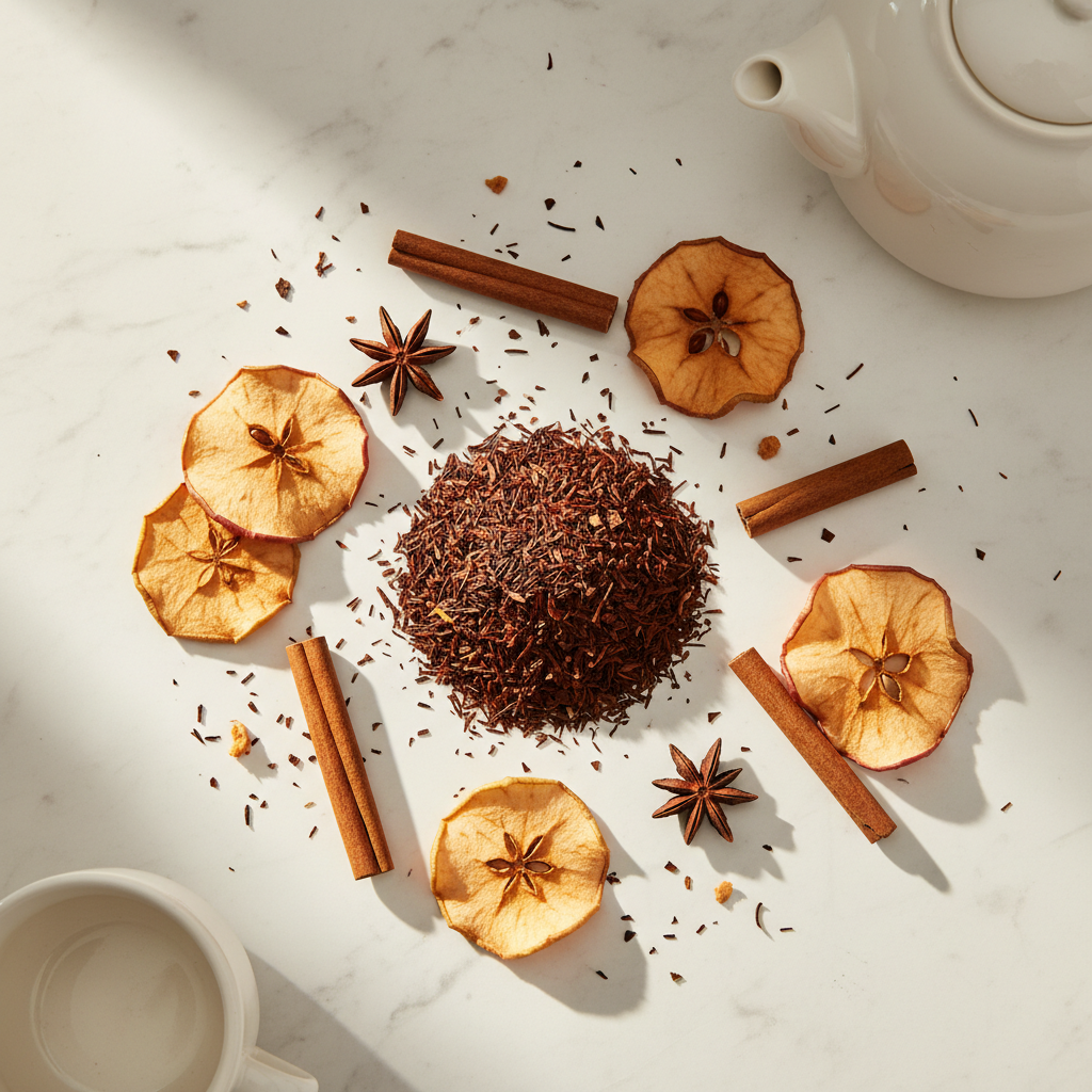 Apple Cider Rooibos flat lay with dried rooibos, apple slices and cinnamon sticks