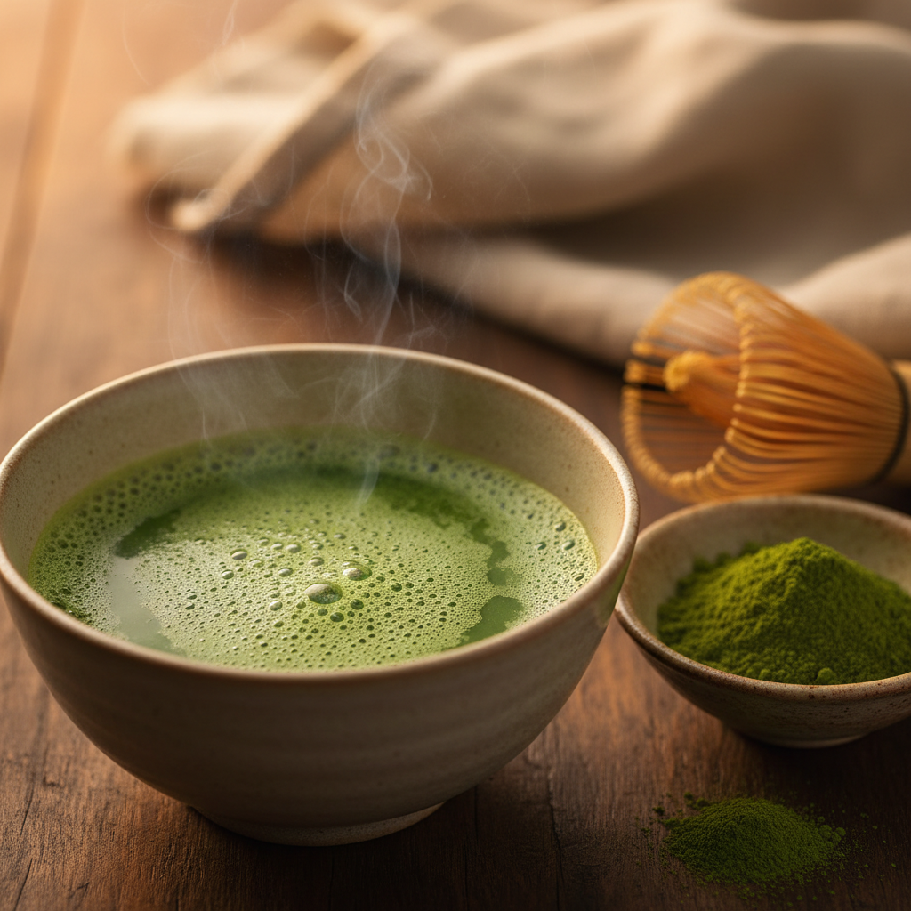Steaming matcha tea cup with bamboo whisk