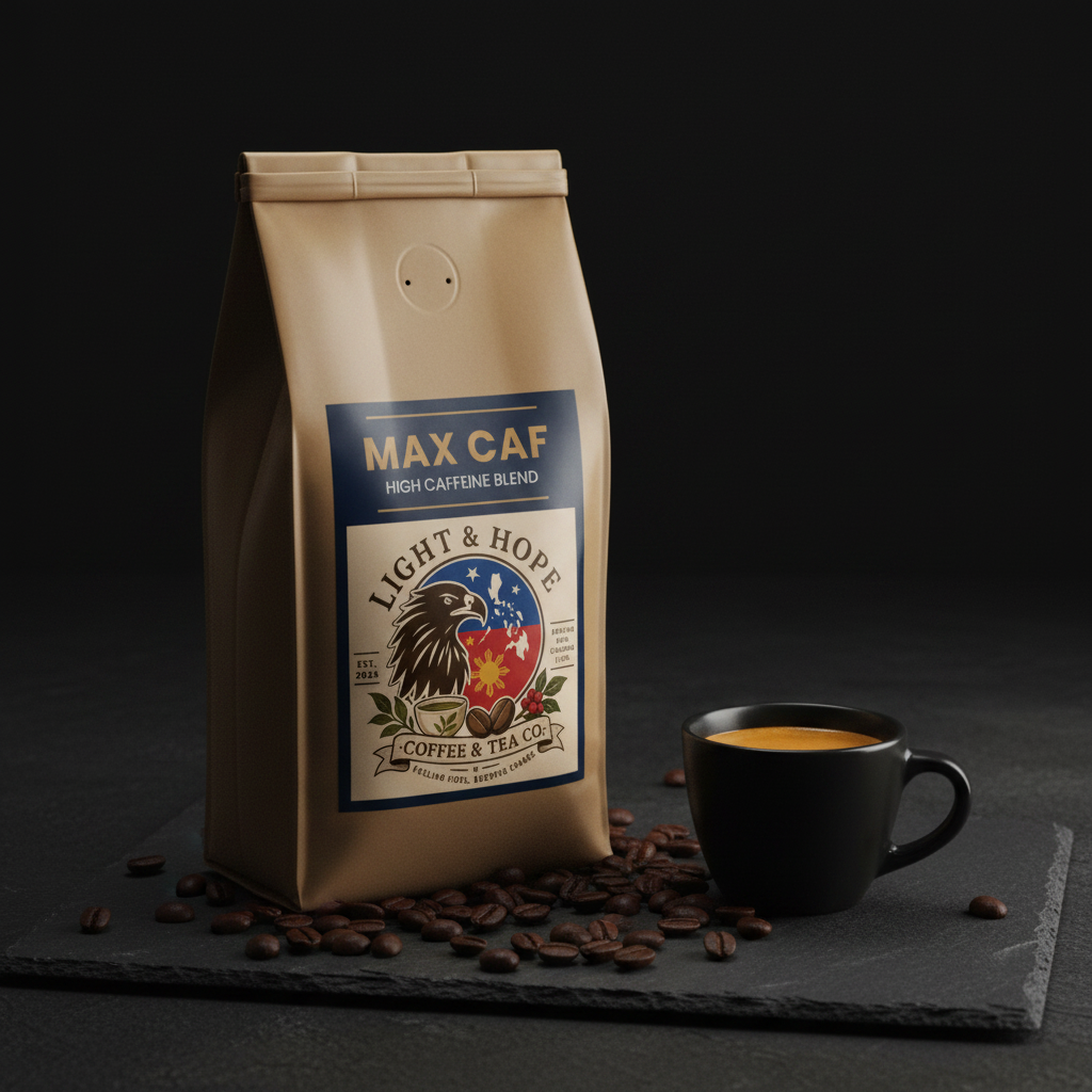 Light & Hope Coffee & Tea Co. Max Caf high caffeine blend coffee bag on dark slate with bold espresso shot and dark roasted coffee beans