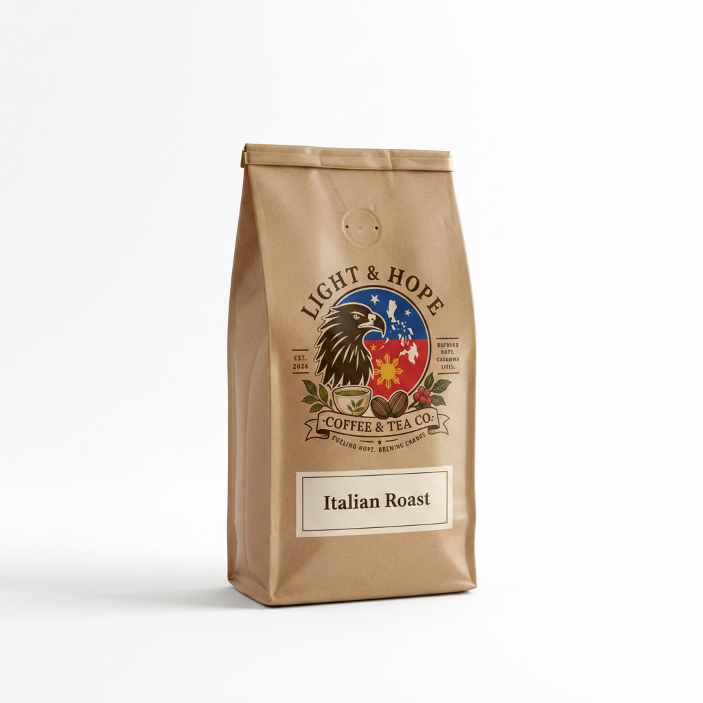 Italian Roast coffee bag with Light & Hope Coffee & Tea Co.