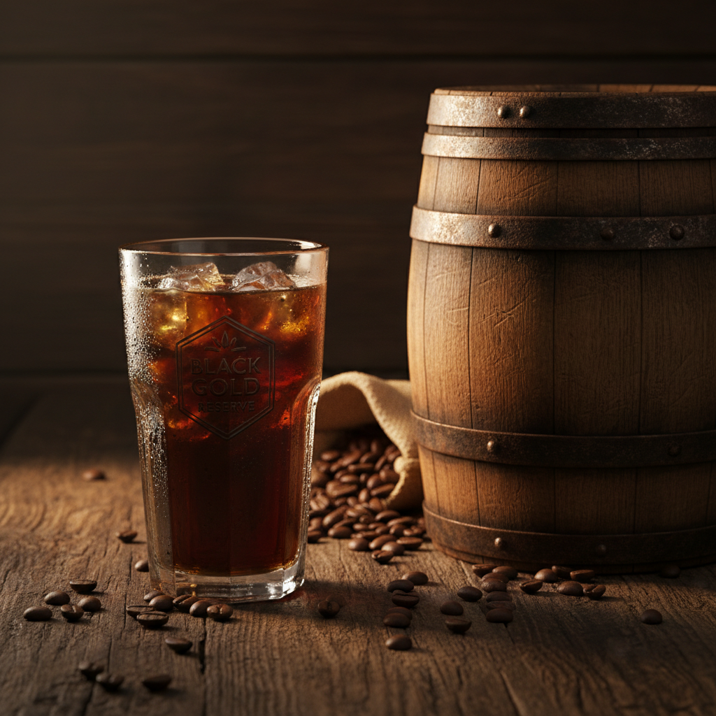 Cold brew coffee next to a whiskey barrel with coffee beans