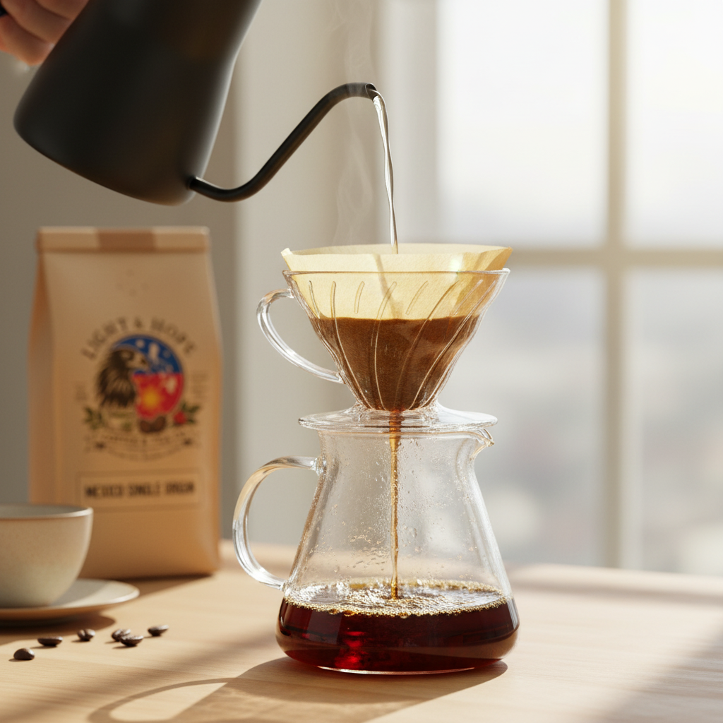 Light & Hope Coffee & Tea Co. Mexico single origin coffee brewed in a pour-over on a sunny morning, close-up of rich golden coffee bloom with warm cinnamon tones