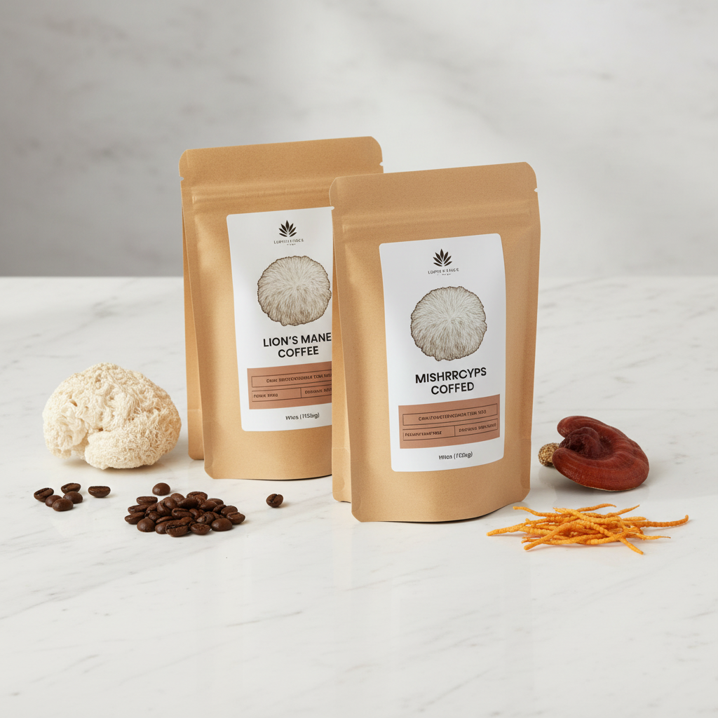Light & Hope Coffee & Tea Co. Mushroom Coffee Wellness Bundle two kraft coffee bags side angle on white marble, soft natural light, minimalist premium product photography