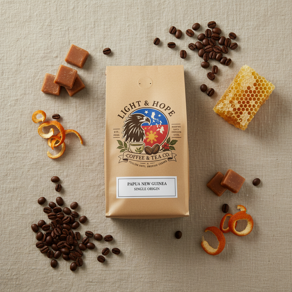 Light & Hope Coffee & Tea Co. Papua New Guinea single origin coffee bag flat lay with medium roasted Bourbon and Typica beans, caramel squares, honeycomb and orange peel on linen