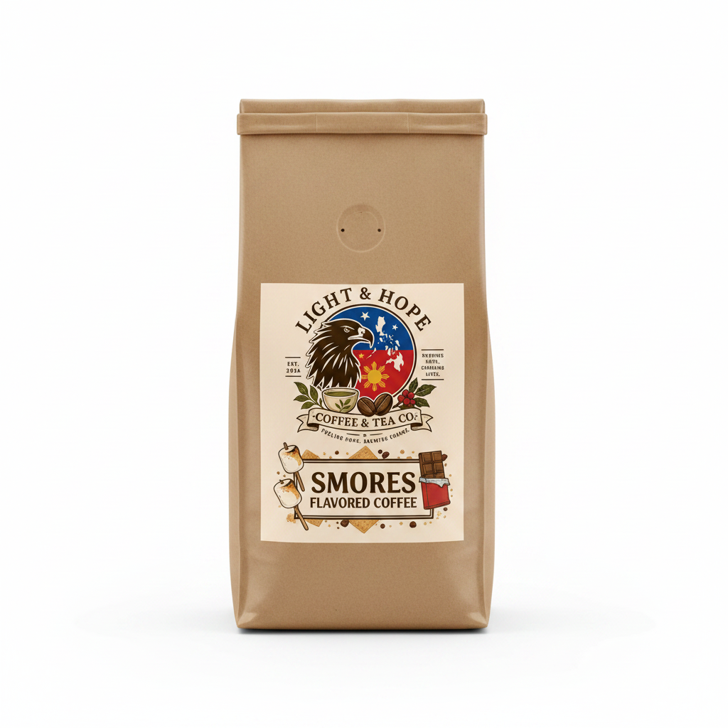 S'mores flavored coffee bag with Light & Hope Coffee & Tea Co. 