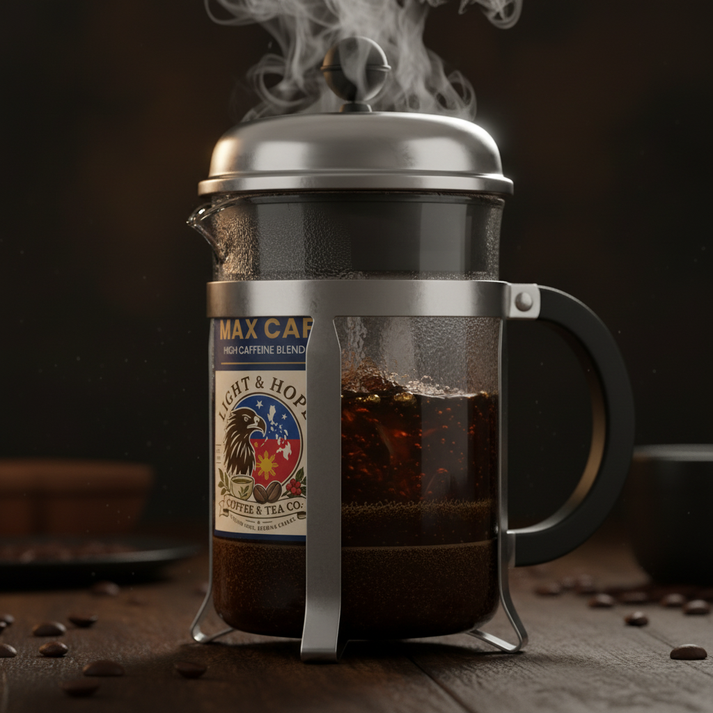 Light & Hope Coffee & Tea Co. Max Caf high caffeine coffee being pressed in a French press, bold dark coffee with steam rising, dramatic background