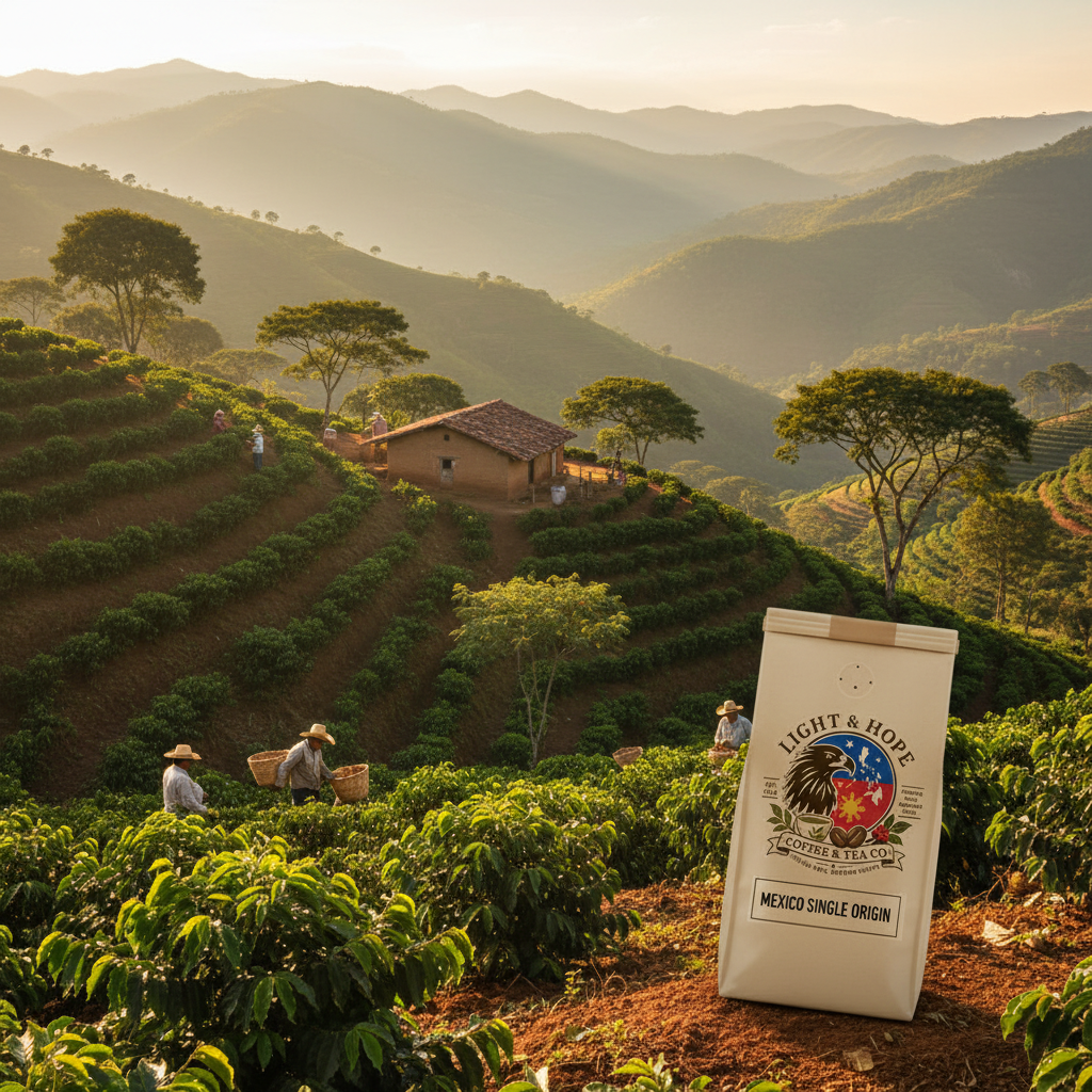Light & Hope Coffee & Tea Co. Mexico Chiapas and Oaxaca highland coffee farm with lush green terraced coffee plants on sun-drenched mountain slopes, traditional growing region
