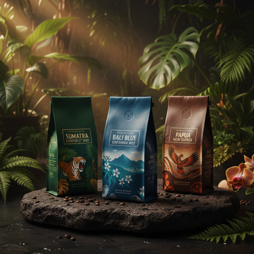 World Coffee Journey Collection — three premium coffee bags on volcanic stone