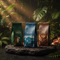 World Coffee Journey Collection — three premium coffee bags on volcanic stone
