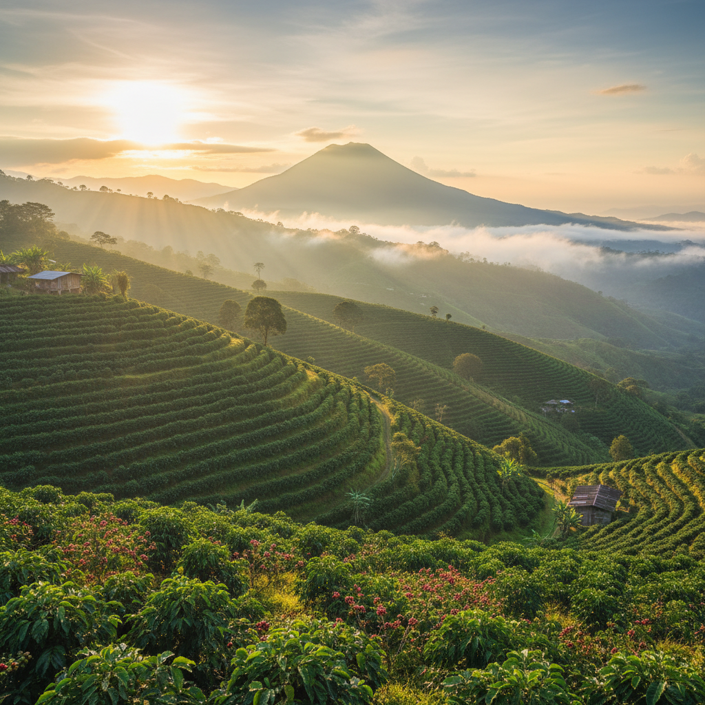 Light & Hope Coffee & Tea Co. Costa Rica volcanic highland coffee farm with lush green terraced coffee plants on misty mountain slopes at 1400 meters altitude