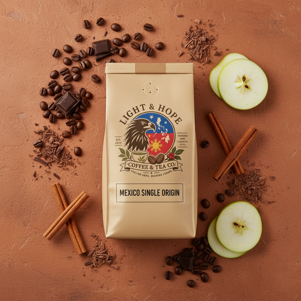 Light & Hope Coffee & Tea Co. Mexico single origin coffee bag flat lay with medium roasted beans, dark chocolate shavings, cinnamon sticks and green apple slices on terracotta