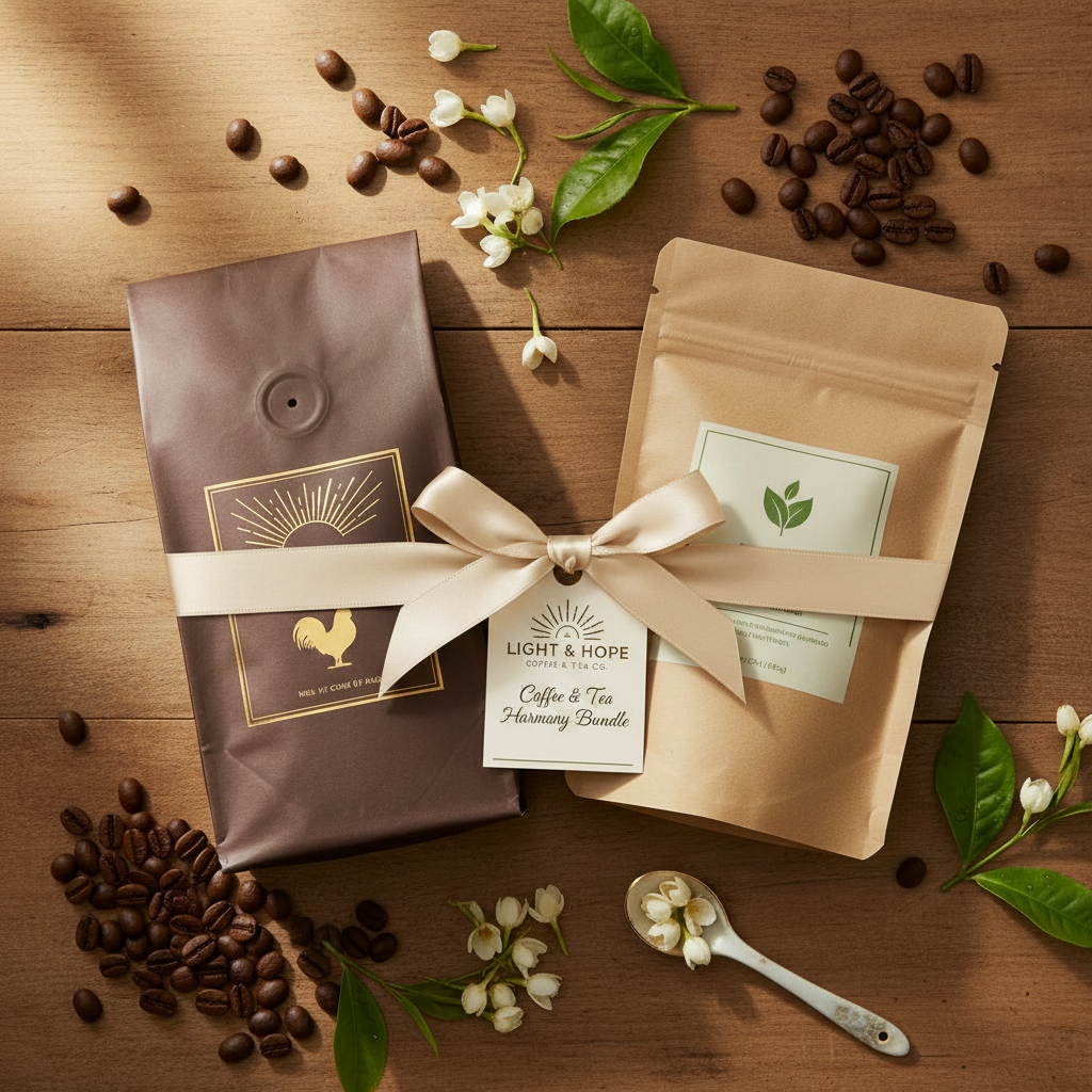 Light & Hope Coffee & Tea Co. Coffee & Tea Harmony Bundle Breakfast Blend coffee bag and Jasmine Tea pouch as a gift set with jasmine flowers, coffee beans and ribbon