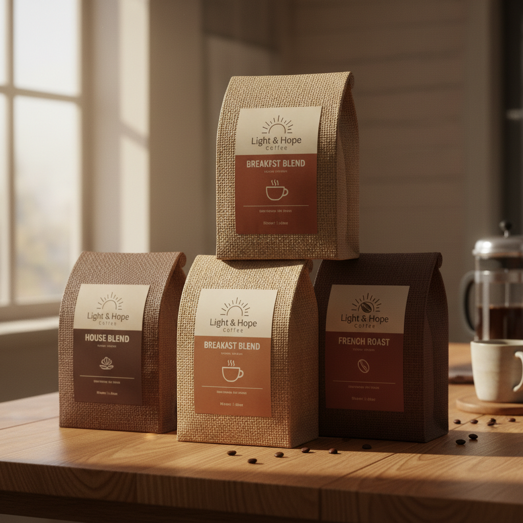 Morning Ritual Coffee Collection — three coffee bags on a wooden table in morning light