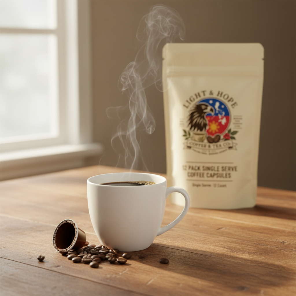 Light & Hope Coffee & Tea Co. | 12 Pack Single Serve Coffee Capsules | Freshly Brewed Coffee in White Mug