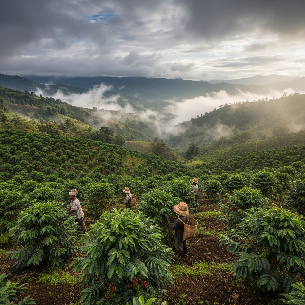 Light & Hope Coffee & Tea Co. Papua New Guinea Chimbu Province volcanic highland coffee farm with lush tropical coffee plants on misty mountain slopes at 1350 meters