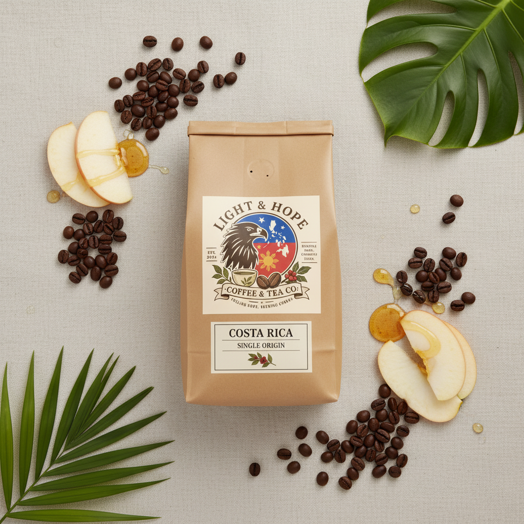 Light & Hope Coffee & Tea Co. Costa Rica single origin coffee bag flat lay with medium roasted beans, fresh apple slices, honey drizzle and tropical leaves