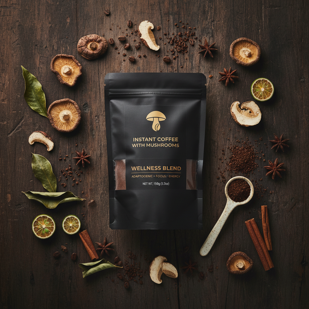 Instant Coffee with Mushroom Flat Lay