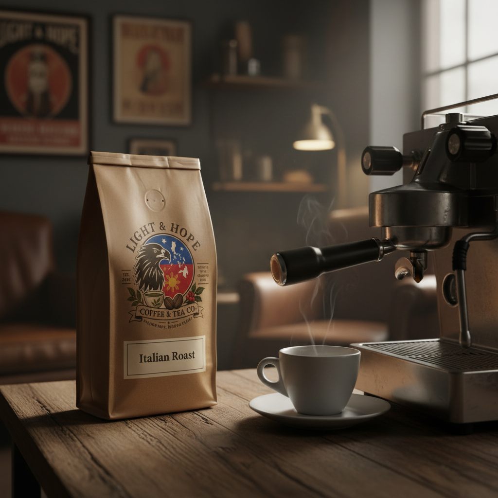Light & Hope Coffee & Tea Co. Italian Roast coffee bag