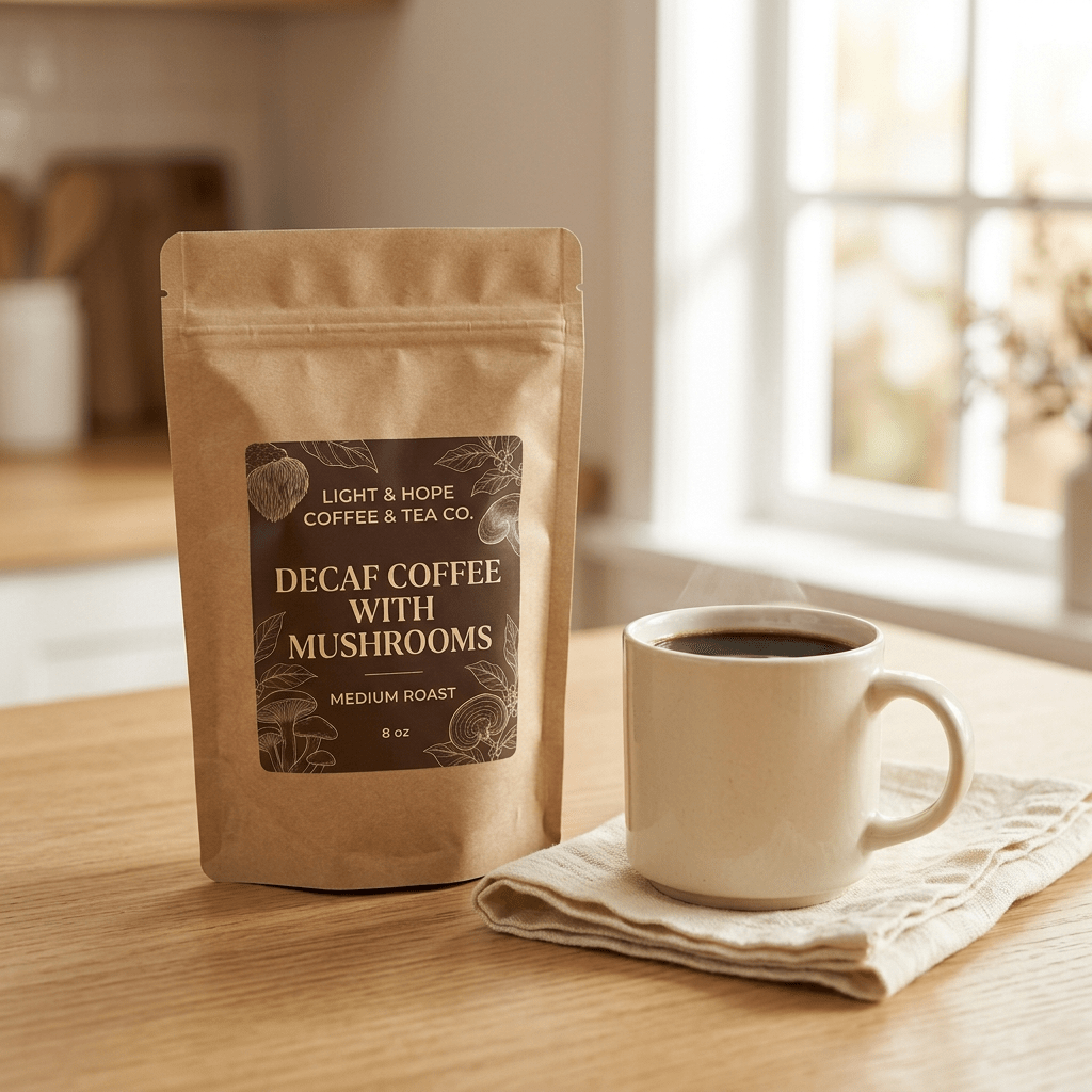 Decaf Coffee With Mushrooms - Medium Roast, 8 oz - Coffee > Mushroom Coffee | Light & Hope Coffee