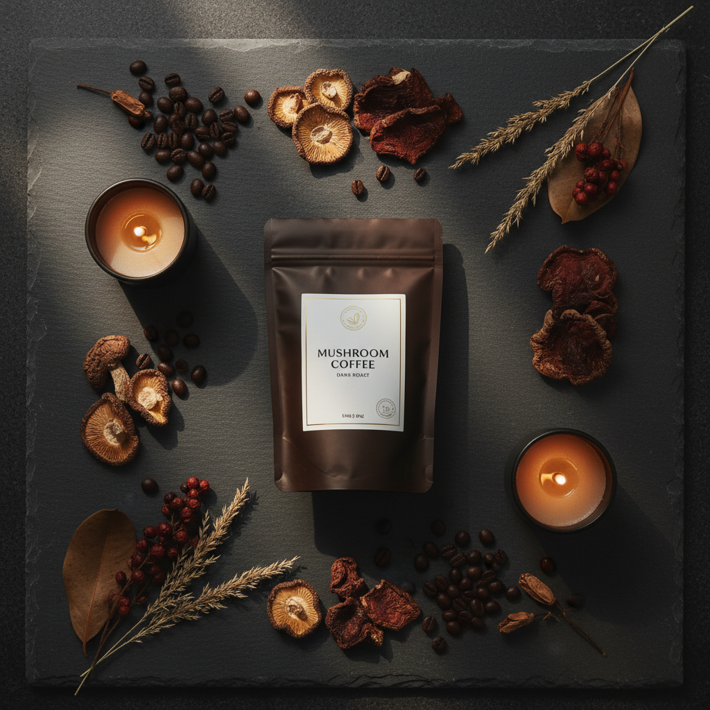 Mushroom Coffee Dark Roast Flat Lay