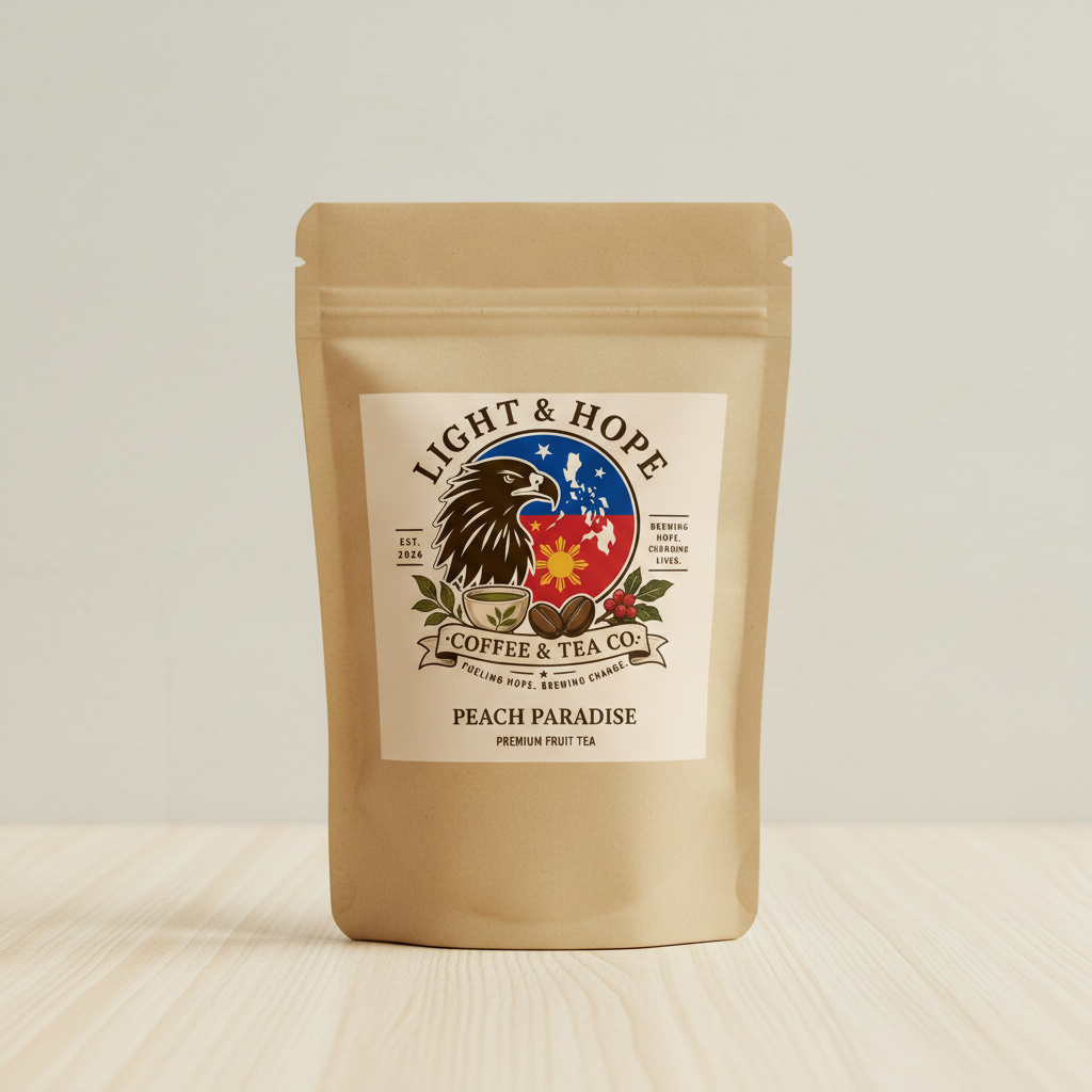 Peach Paradise Tea Label Detail | Premium Fruity Peach Herbal Tea Bag | Light & Hope Coffee & Tea Co.