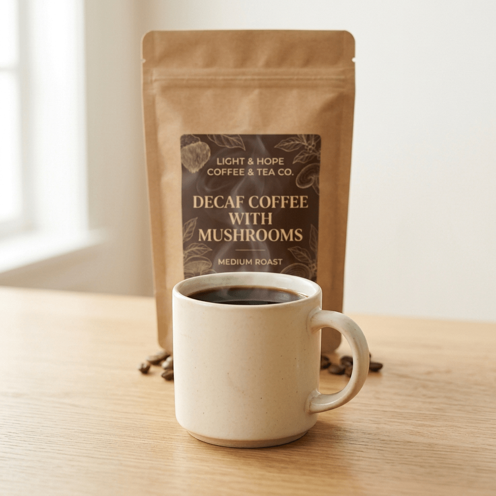 Decaf Coffee With Mushrooms - Medium Roast, 8 oz - Coffee > Mushroom Coffee | Light & Hope Coffee