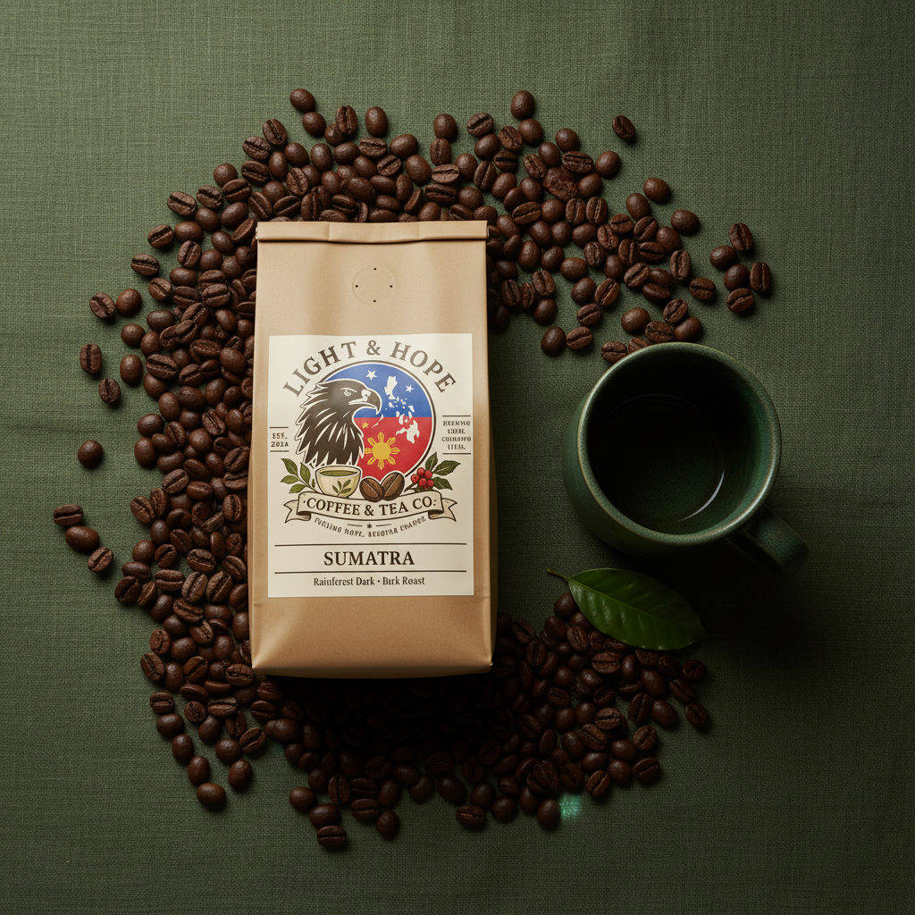 Light & Hope Coffee & Tea Co. Sumatra Rainforest Dark coffee bag