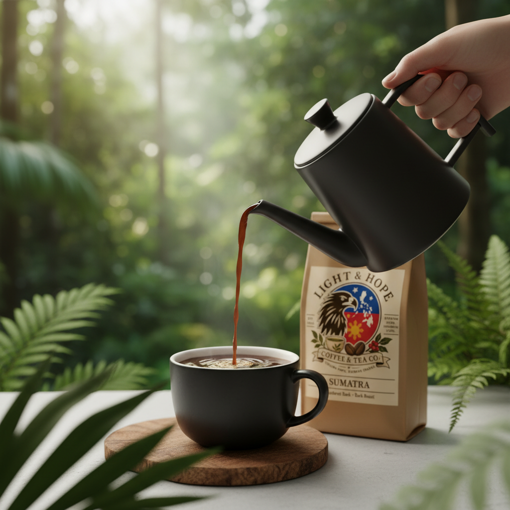 Light & Hope Coffee & Tea Co. Sumatra Rainforest Dark coffee bag